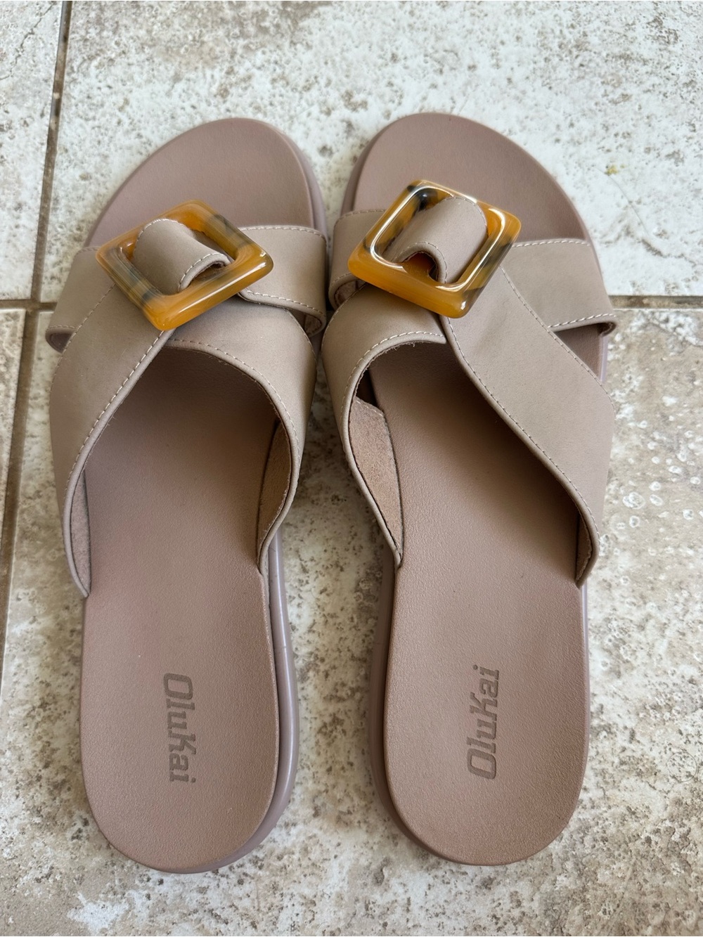 OluKai Women's Taupe Slide Sandals with Amber Buckle Accent